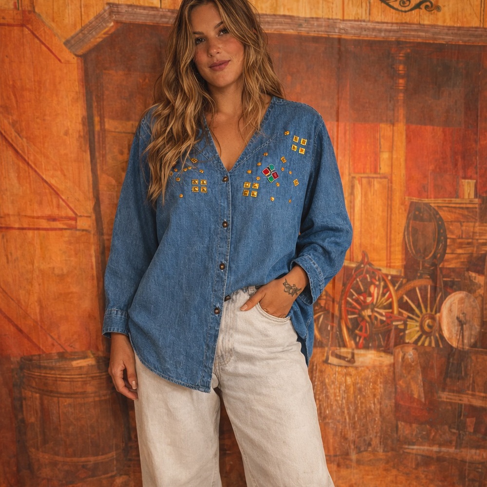 Vintage Dream Denim Studded Western Shirt XL (Free With $50 Purchase)